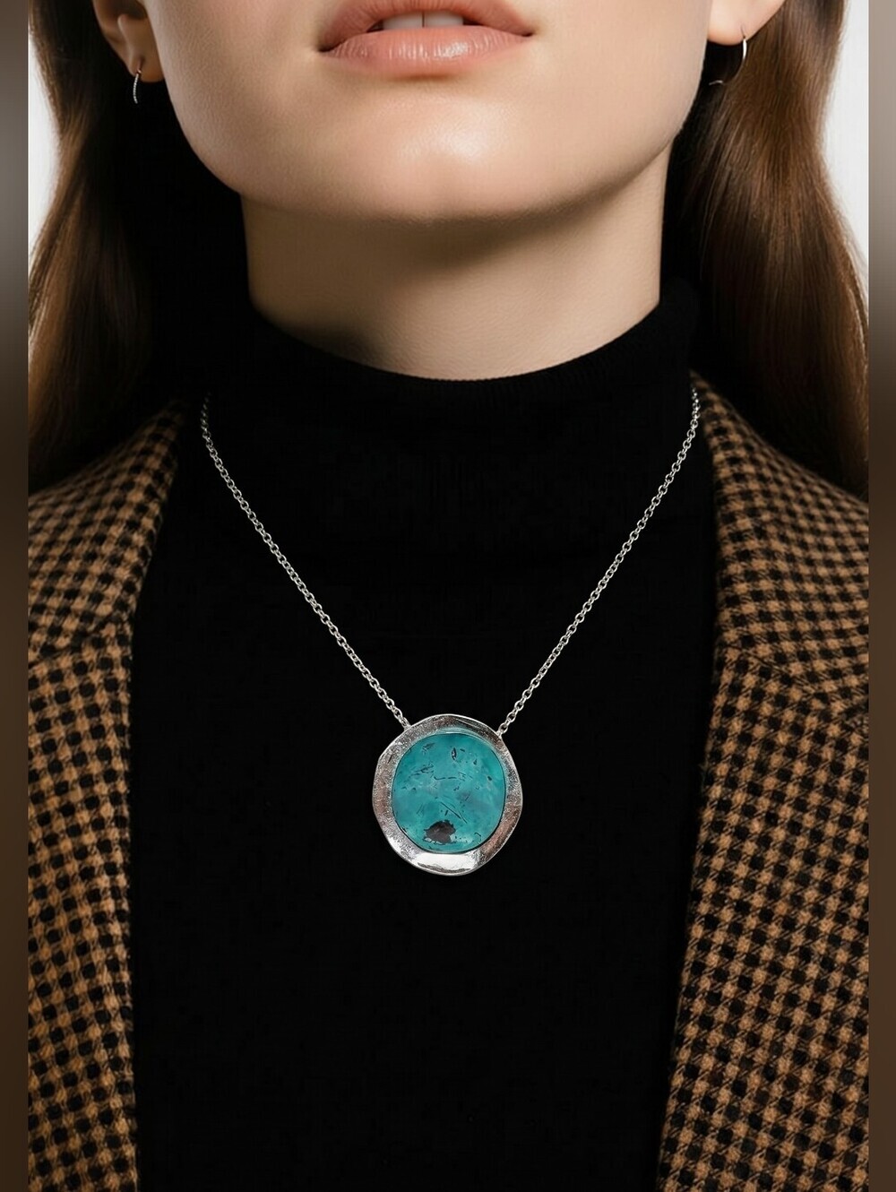 NWT NADINE WEST Artisan Silver Faux Turquoise Disc Necklace ~32"